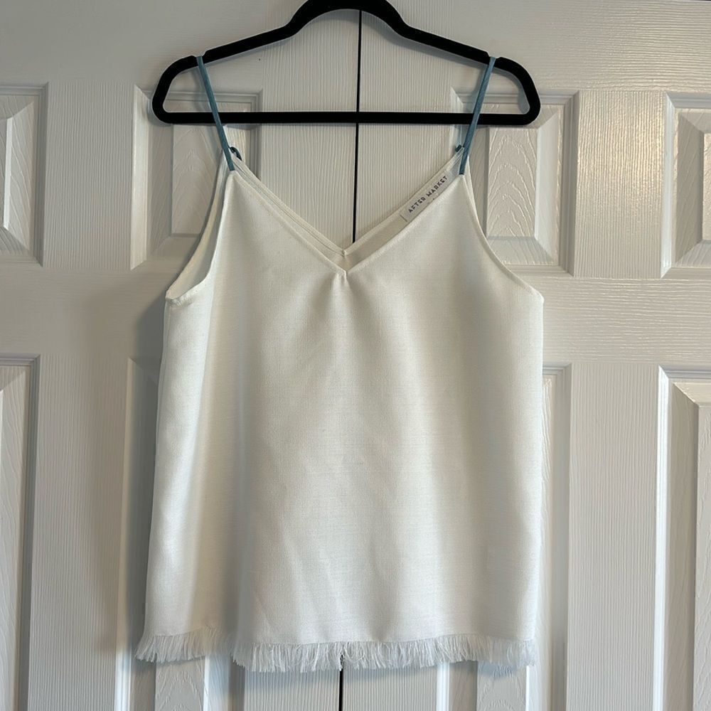 After Market Women’s White Tank Top with Blue Thin Straps and Fringe Bottom